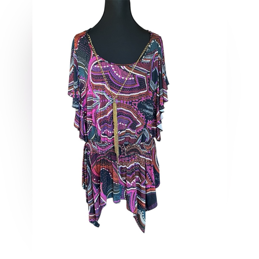 Baby Phat Y2K multiple Print Fluttered Sleeves Smoked Waist Tunic Top size 1X